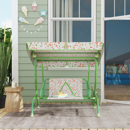  Balansoar pentru Copii de Exterior cu 2 Locuri cu Copertina Reglabila si Centuri de Siguranta, 112x75x120 cm, Verde [7]