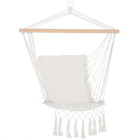 Mobilier gradina si terasa -  Balansoar Suspendat din tesatura cu Ciucuri si Bara din Lemn de Plop, 90x50 cm, Crem