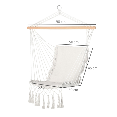  Balansoar Suspendat din tesatura cu Ciucuri si Bara din Lemn de Plop, 90x50 cm, Crem [2]