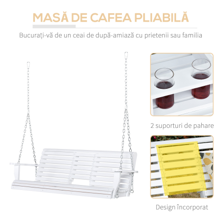  Balansoar Suspendat pentru Exterior din Lemn de Brad cu Masa Rabatabila si Suporturi pentru Pahare, Balansoar de Gradina pentru 2-3 Locuri, Alb [4]