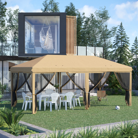  Baldachin Pop-Up cu Plasa, Cort pentru Petreceri cu Geanta de Transport pentru Exterior, 585x295x270 cm, Bej [1]