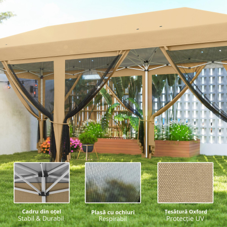  Baldachin Pop-Up cu Plasa, Cort pentru Petreceri cu Geanta de Transport pentru Exterior, 585x295x270 cm, Bej [6]