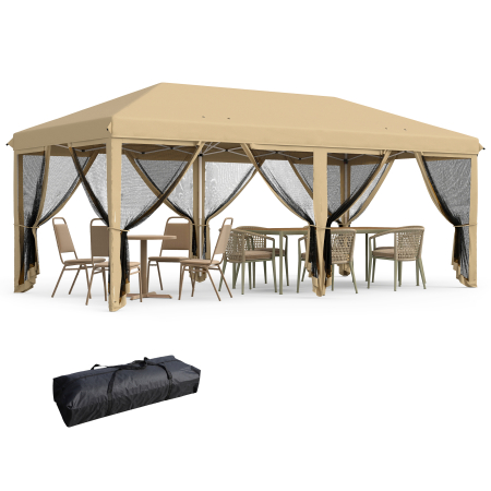 Gradina & balcon -  Baldachin Pop-Up cu Plasa, Cort pentru Petreceri cu Geanta de Transport pentru Exterior, 585x295x270 cm, Bej