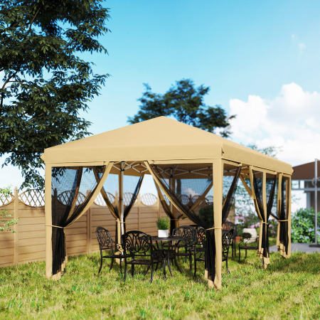  Baldachin Pop-Up cu Plasa, Cort pentru Petreceri cu Geanta de Transport pentru Exterior, 585x295x270 cm, Bej [7]