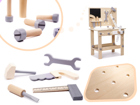 Banc de lucru copii din lemn cu unelte incluse, masa 45x26x67 cm, set DIY pentru micul mester [2]