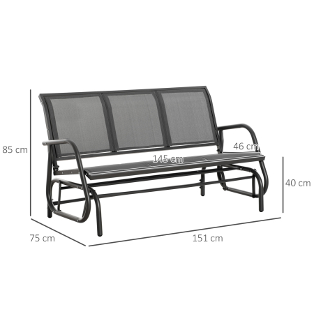  Banca Balansoar de Gradina cu 3 Locuri din Metal si tesatura Tip Plasa Respirabila, 147x70x85 cm, Gri [2]