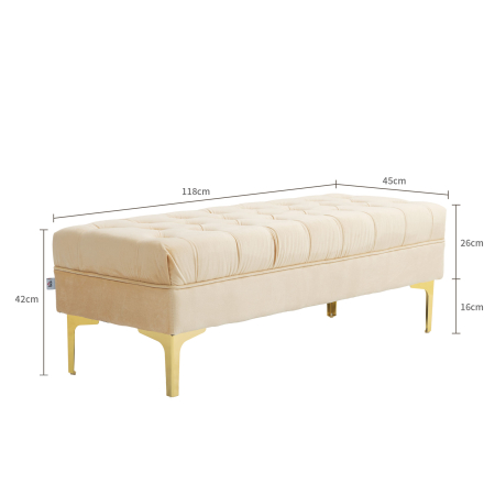  Banca cu Husa Capitonata, Banca Tapitata din Catifea cu Picioare Metalice, 118x45x42 cm, Bej [2]