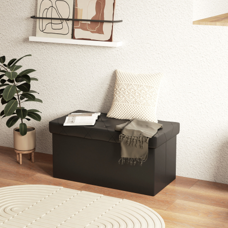  Banca Cutie de Depozitare Pliabila, Banca Taburet cu Capac si invelis din Piele Ecologica, 76x38x38 cm, Negru [6]