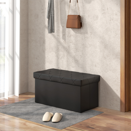  Banca Cutie de Depozitare Pliabila, Banca Taburet cu Capac si invelis din Piele Ecologica, 76x38x38 cm, Negru [5]