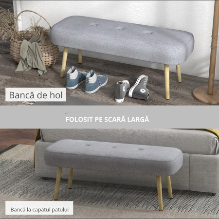  Banca de Capat de Pat, Banca Tapitata cu Butoni cu Picioare din Otel cu Granulatie din Lemn, Banca Tapitata cu Aspect Textil pentru Dormitor, Camera de Zi, Hol, Gri [5]
