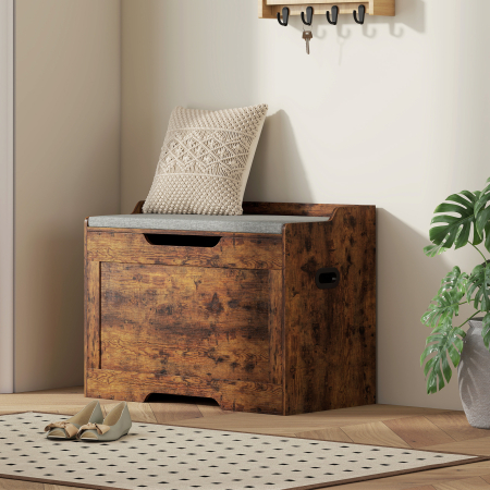  Banca de Depozitare de 103L Multifunctionala, nuanta de Lemn cu Perna din tesatura Gri, 75x40x56 cm [1]
