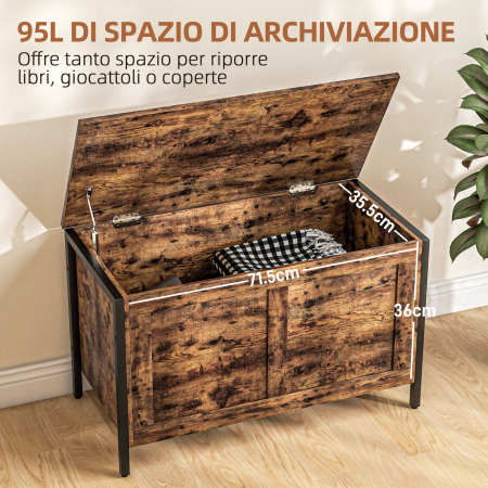  Banca de Depozitare de 95L in Stil Industrial cu Capac cu Balamale de Siguranta, 80x40x49 cm, Maro Rustic [3]