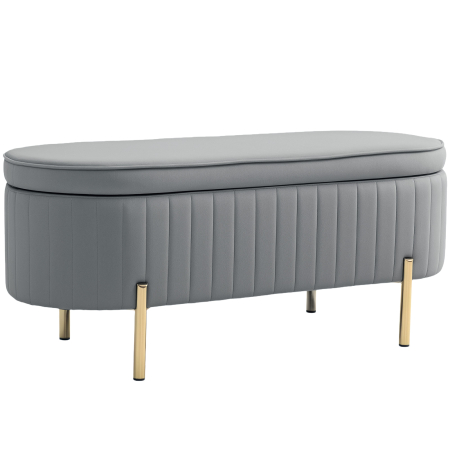 Living & hol -  Banca de Depozitare Ovala 72L cu Capac Rabatabil, din Catifea si Lemn, 108x44x43.5 cm, Gri
