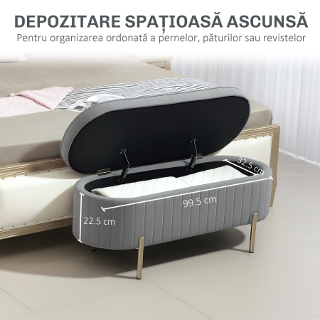 Banca de Depozitare Ovala 72L cu Capac Rabatabil, din Catifea si Lemn, 108x44x43.5 cm, Gri [5]