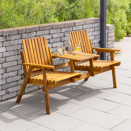 Banca de gradina 153x65x82 cm, 2 locuri, cu raft lateral, lemn de salcam, maro [1]