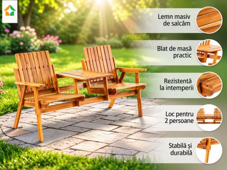 Banca de gradina 153x65x82 cm, 2 locuri, cu raft lateral, lemn de salcam, maro [8]