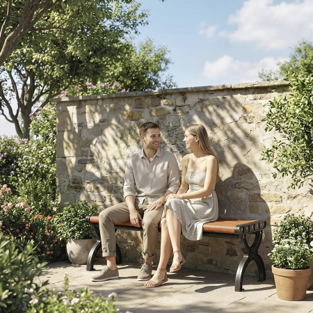  Banca de Gradina 2 Locuri, Banca cu Cadru din Metal si Efect de Lemn, Mobilier pentru Gradina, Terasa, Parc [7]