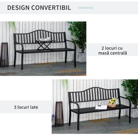  Banca de Gradina cu 2-3 Locuri din Metal, Banca de Exterior cu Masuta Extensibila, Spatar cu sipci si Cotiere, pentru Balcon, Terasa si Curte, 150x58.5x90 cm, Negru [3]