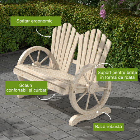  Banca de Gradina cu 2 Locuri, Cotiere in Forma de Roata, Banca de Exterior din Lemn de Brad, pentru Terasa, Patio si Curte, 108x66x95 cm, Culoare Lemn [3]