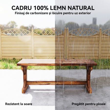 Banca de Gradina cu 2 Locuri din Lemn de Brad cu Baza in Forma de X, Banca Rustica pentru Exterior Fara Spatar, pentru Terasa, Balcon, 114L x 40l x 46i cm, Carbonizata [3]