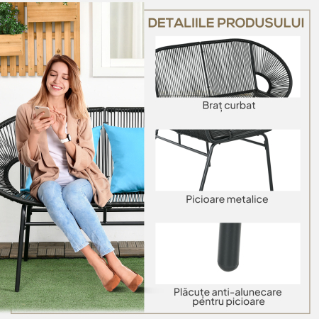  Banca de gradina cu 2 locuri din metal si franghie din rasina cu 2 perne - dim. 132L x 72l x 83h cm - negru [5]