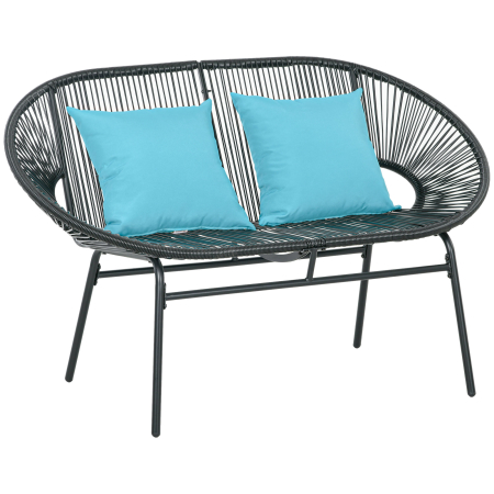 Mobilier gradina si terasa -  Banca de gradina cu 2 locuri din metal si franghie din rasina cu 2 perne - dim. 132L x 72l x 83h cm - negru
