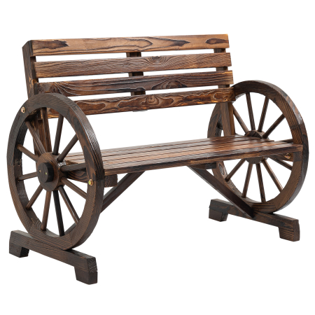 Gradina & balcon -  Banca de gradina cu 2 locuri, sipci din lemn, brate in forma de roata de caruta, 105,5x56x79 cm, maro ars