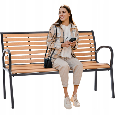 Banca de gradina cu cadru metalic, sezut si spatar rezistent din PVC imitatie lemn, 125x60x80 cm, maro [4]