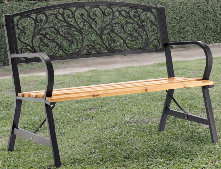 Banca de gradina din lemn si cadru otel, cu spatar decorativ, 120x56x87 cm, negru si maro natur [6]