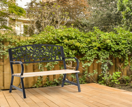 Banca de gradina din lemn si cadru otel, cu spatar decorativ, 120x56x87 cm, negru si maro natur [5]