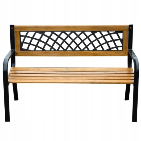 Banca de gradina din lemn si otel cu spatar decorativ, 120x53x73 cm, negru si maro natur [4]