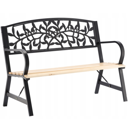 Gradina & balcon - Banca de gradina din lemn si otel cu spatar decorativ model frunze, 120x56x87 cm, negru si maro natur