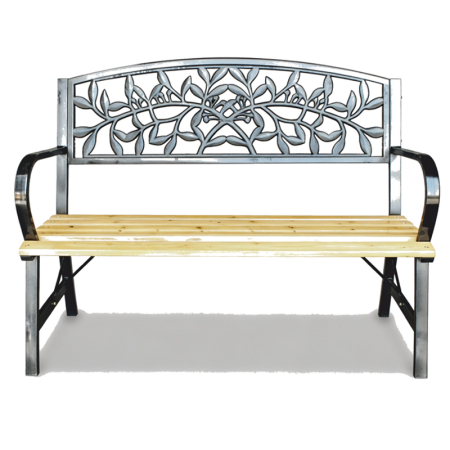 Banca de gradina din lemn si otel cu spatar decorativ model frunze, 120x56x87 cm, negru si maro natur [2]