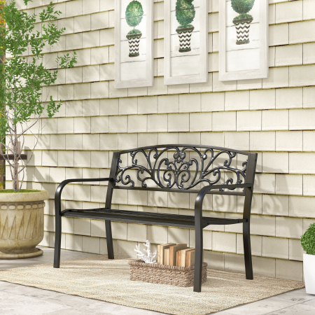  Banca de gradina din metal cu spatar decorat, 127x60x87cm - negru [7]