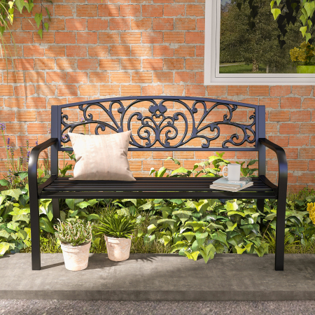  Banca de gradina din metal cu spatar decorat, 127x60x87cm - negru [8]