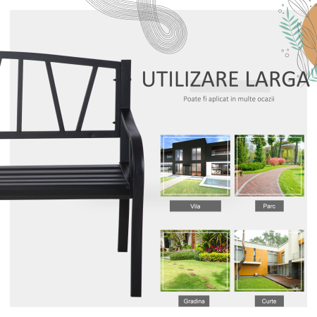  Banca de Gradina din Metal Negru cu 2 Locuri Banca de Exterior [3]