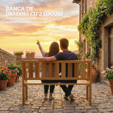  Banca de Gradina pentru 2 Persoane, Banca de Exterior cu Lamele din Lemn de Molid, Stil Country, Banca pentru Terasa, Patio si Curte, 150x57x93 cm, Culoare Teak [3]