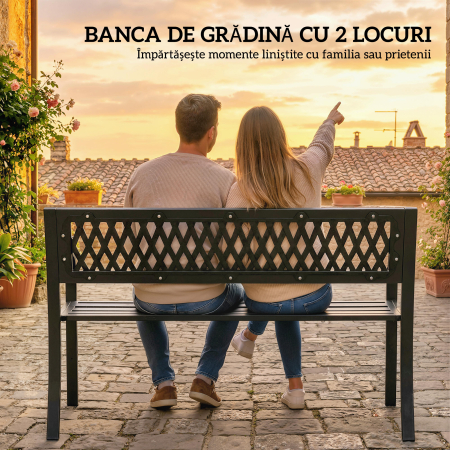  Banca de Gradina pentru Exterior, Banca de Patio cu Brate si sezut cu Lamele, 2 Locuri pentru Gradina, Parc, Balcon, Mobilier Exterior, Negru [3]