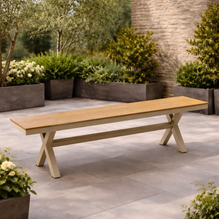 Gradina & balcon - Banca gradina aluminiu sezut aspect lemn maxim 200 kg, 150x36x47 cm, rezistenta intemperii, bej