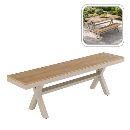 Banca gradina aluminiu sezut aspect lemn maxim 200 kg, 150x36x47 cm, rezistenta intemperii, bej [3]