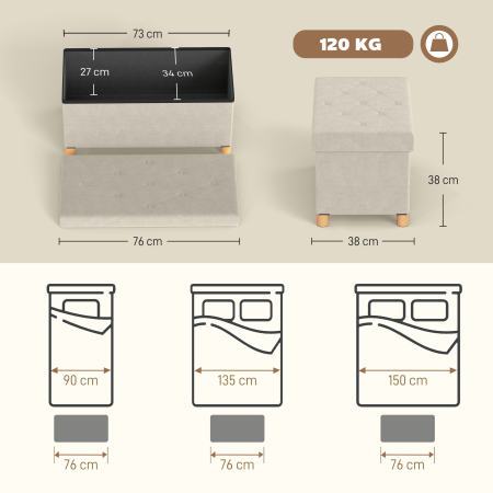  Banca Lada de Depozitare Pliabila, Banca de Pat cu Capac Captusit si invelis de Catifea, 76x38x38 cm, Crem Alb [2]
