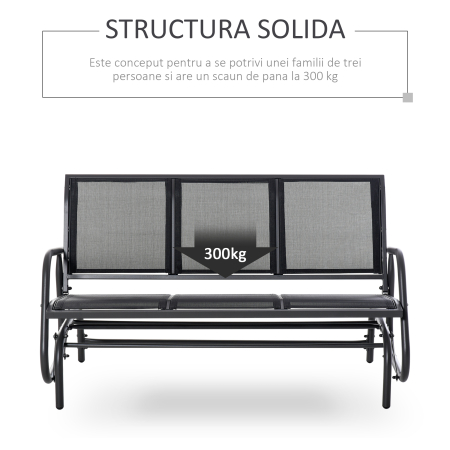  Banca Leagan de Gradina cu 3 locuri, schelet Metalic si Tesatura transpiranta, Negru [5]