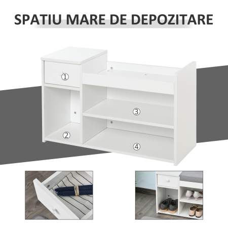 Banca Pantofar Alb - Lemn cu Perna, Sertar & 3 Compartimente [3]