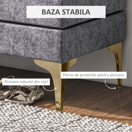  Banca pentru Capatul Patului cu Doua Niveluri, din tesatura cu Efect de Catifea si Otel, 121x50,5x46,5 cm, Gri inchis si Auriu [4]