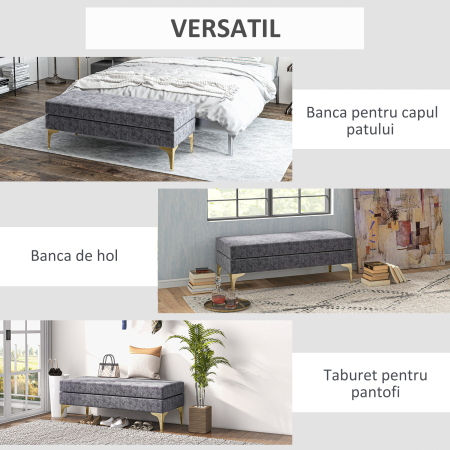  Banca pentru Capatul Patului cu Doua Niveluri, din tesatura cu Efect de Catifea si Otel, 121x50,5x46,5 cm, Gri inchis si Auriu [5]