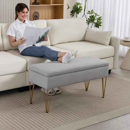  Banca pentru capatul patului cu spatiu de depozitare, din material textil si picioare din otel, 100x40x49 cm, gri deschis [8]