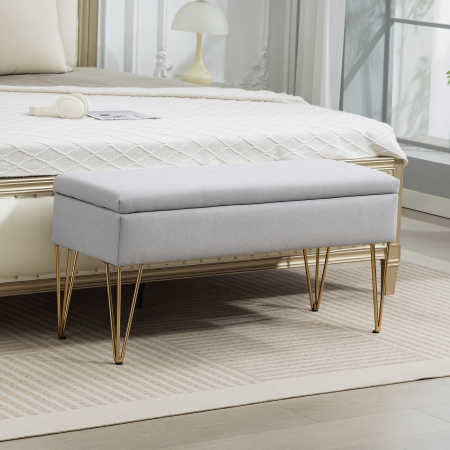  Banca pentru capatul patului cu spatiu de depozitare, din material textil si picioare din otel, 100x40x49 cm, gri deschis [1]