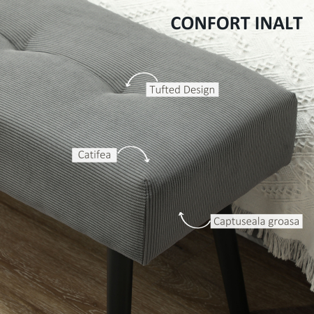  Banca pentru capatul patului matlasata din material textil cu efect catifelat cu nervuri si otel, 100x36x45 cm, gri [3]