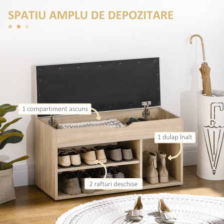  Banca pentru Pantofi cu 3 Compartimente, Spatiu Ascuns si sezut din Piele PU, 80x30x43 cm, Lemn Natural [4]