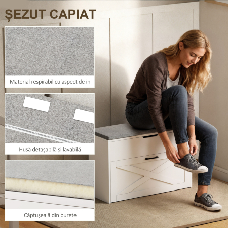  Banca pentru Pantofi cu Sertar Rabatabil si Compartiment de Depozitare, Capacitate 8 Perechi de Pantofi, 80x30x55 cm, Alb [6]